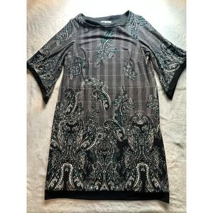 Studio One New York Paisley Plaid Bell Sleeve Dress Black Teal 1X S/71992WJP - 1